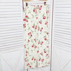 Angel Kiss Cherries Print Linen Blend Wide Leg Palazzo Pants Cream Red Large‎